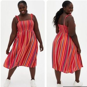 Torrid Rainbow Challis Smocked Striped Tiered Midi Dress 1X